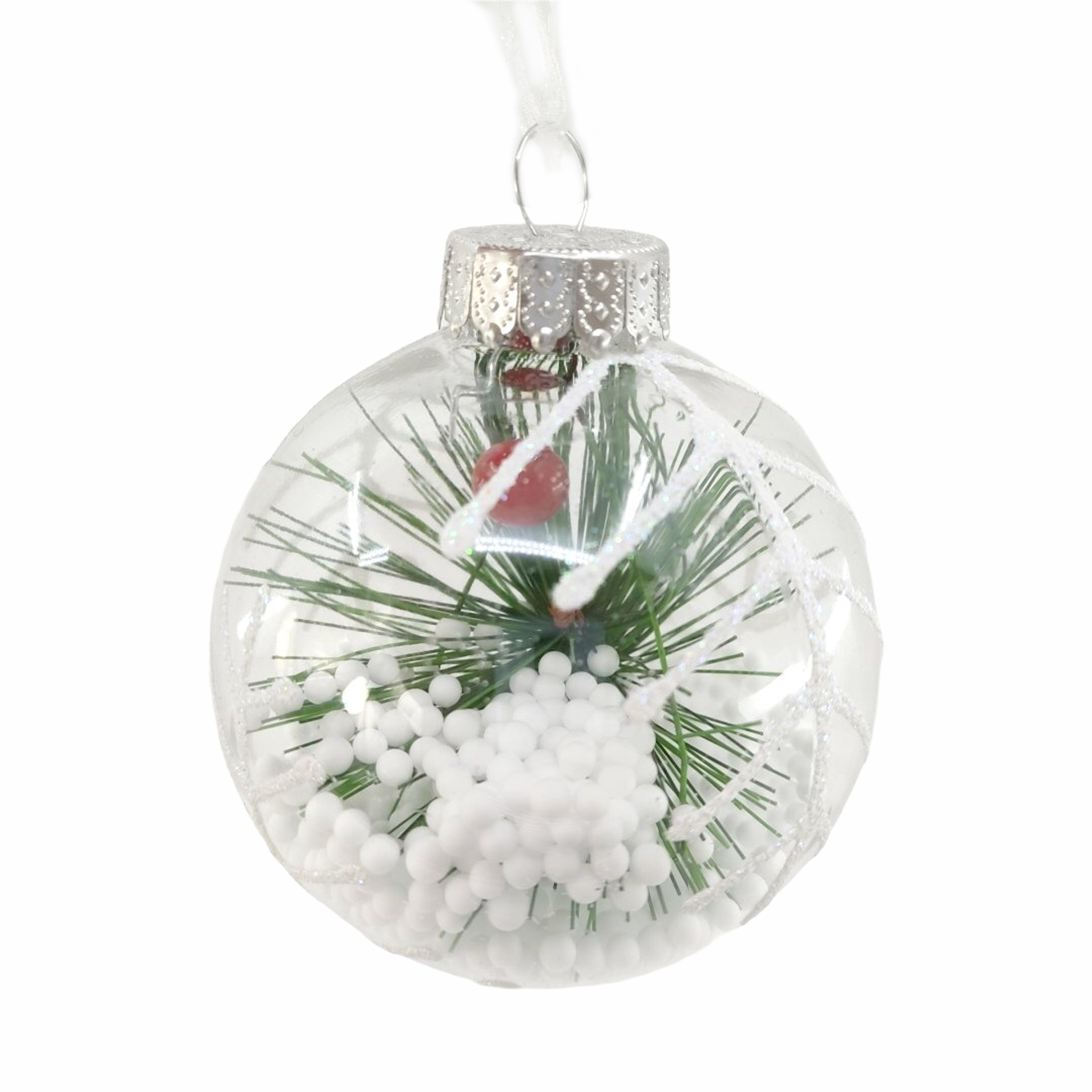 Χριστουγεννιάτικο Στολίδι Δέντρου Μπάλα Διαφανής Χιόνι Φύλλο Πεύκου 8 cm