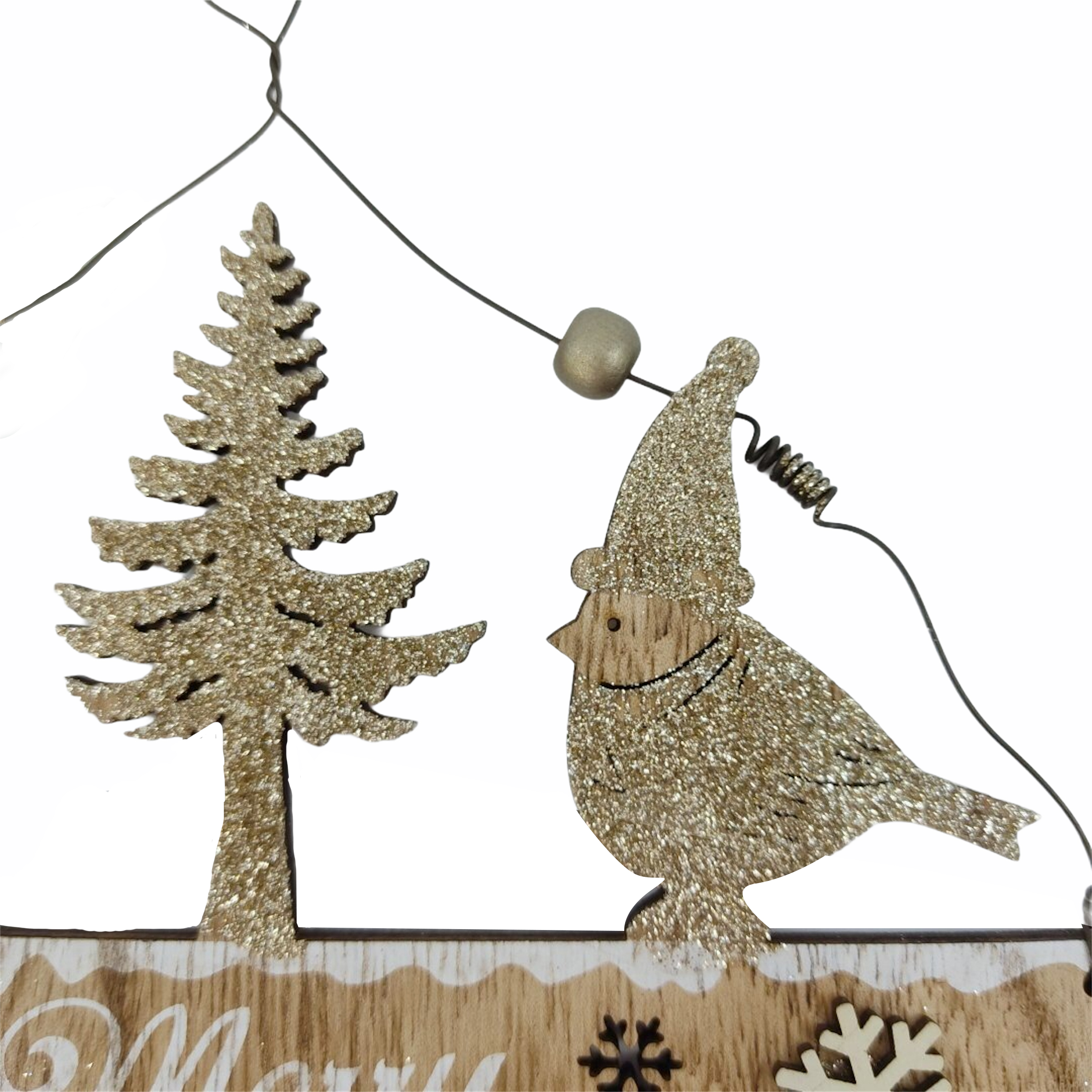 Χριστουγεννιάτικη Κρεμαστή Ταμπέλα Merry Christmas Πουλάκια Χρυσό Glitter 19x22,5x0,5cm