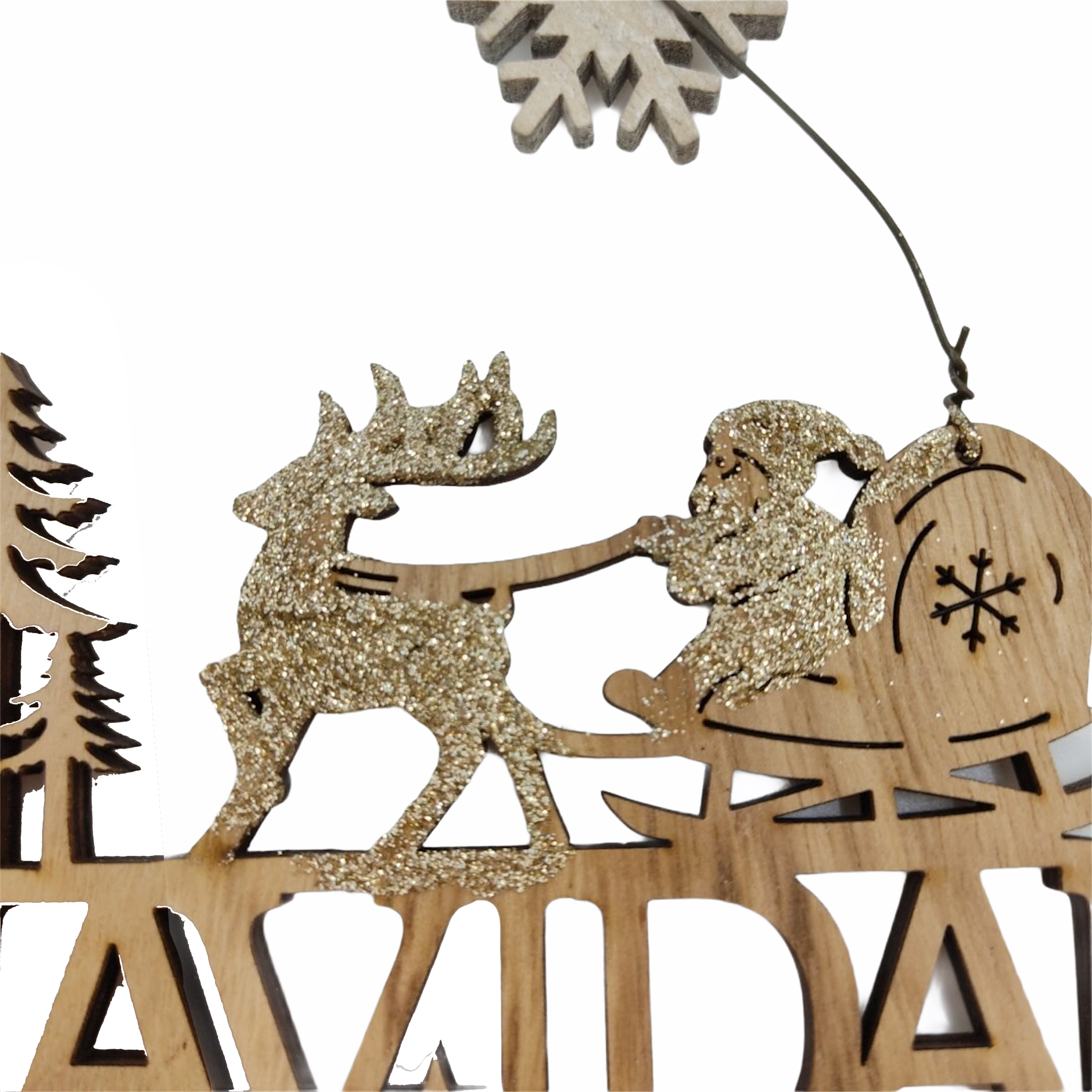 Χριστουγεννιάτικη Κρεμαστή Ταμπέλα Feliz Navidad Έλκηθρο Χρυσό Glitter 11x10,5x1cm