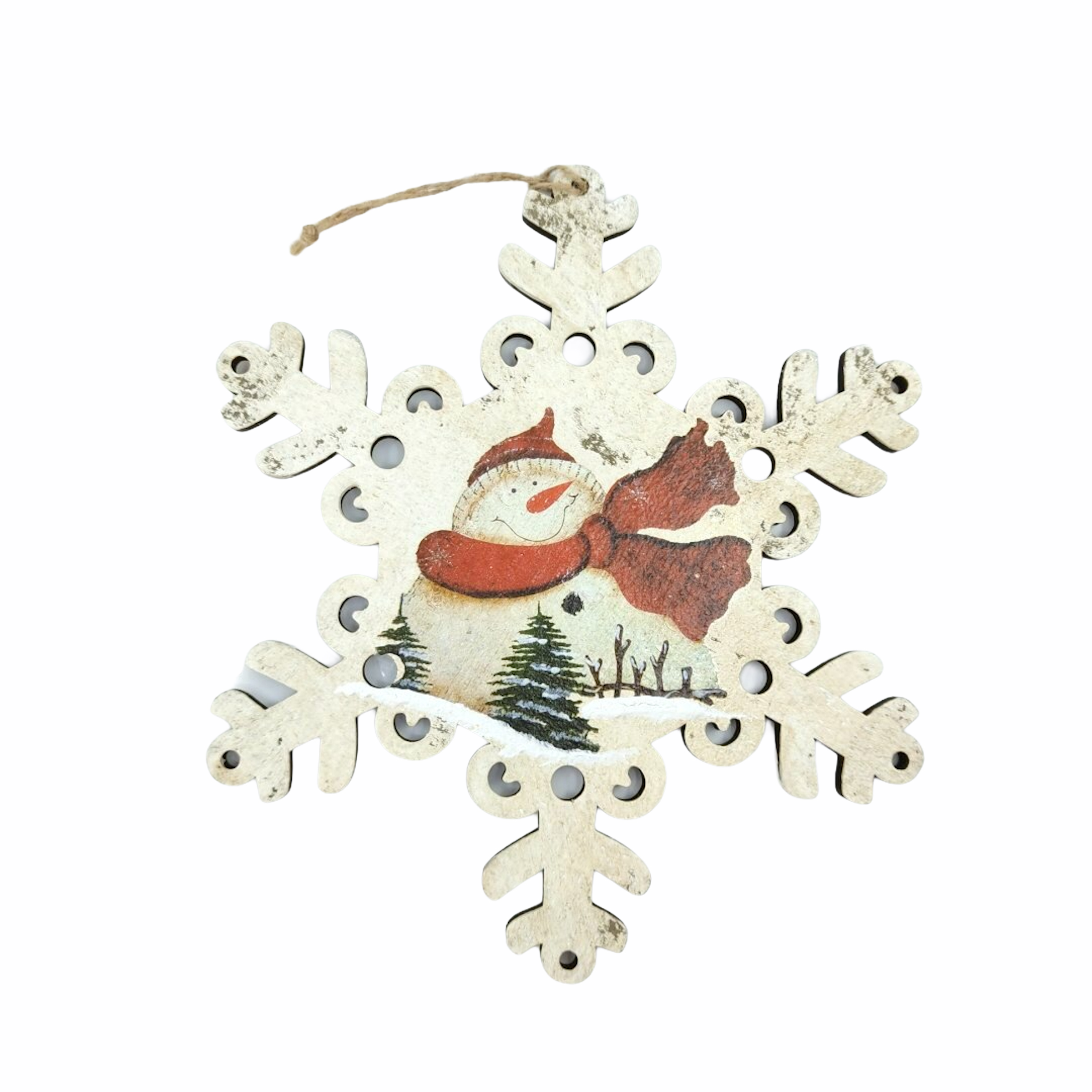 Χριστουγεννιάτικο Κρεμαστό Ξύλινη Χιονονιφάδα Χιονάνθρωπος/Άη Βασίλης 22x22cm