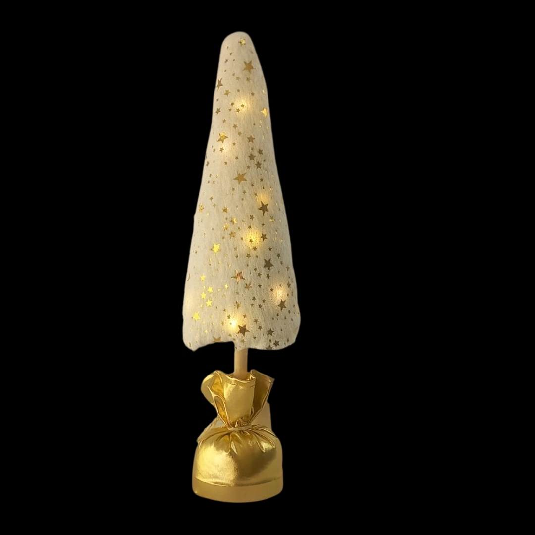ΧΡΣ Επιτραπέζιο Δεντράκι Λευκό Χρυσά Αστεράκια Φως Βάση Τσουβάκι 11x11x38cm