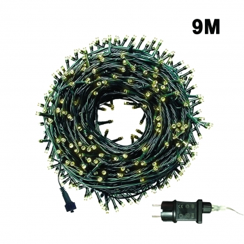 100 Λαμπάκια LED Σταθερά Επεκτεινόμενα 9 Μ με Μετασχηματιστή - Θερμό Λευκό  Πράσινο Καλώδιο